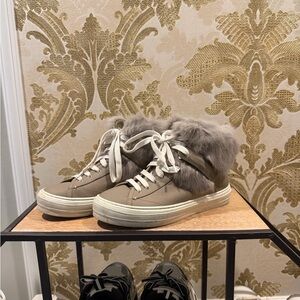 Ferragamo Rabbit Fur-Trimmed High-Top Sneakers